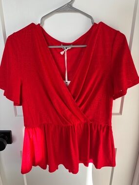 Grace Karin Red Eyelet V-Neck Peplum Top